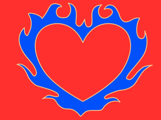 Illustration of a burning heart in flames  that symbolizes passion and strong love, intense emotion and inner fire. Bold primary colors. 