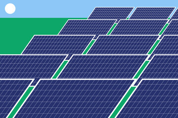 Large solar panel farm, power station illustration. Stylized solar panel array. Clean lines show efficiency. 