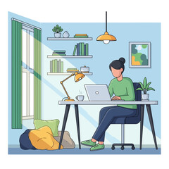 Obraz premium Woman working on laptop at home office desk with sunlight streaming through window.