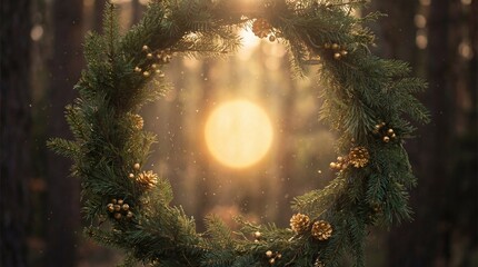 Christmas wreath in forest with full moon glow.