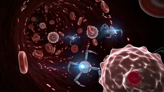 Medical robot navigates a red blood vessel surrounded by red blood cells and immune cells. HUD overlays display targeting reticles and diagnostic readouts. The scene implies robotic medical interventi