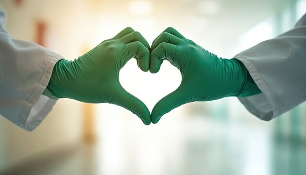 Two gloved hands forming heart shape. Medical professionals show love and care. Healthcare workers express support for patients. Doctors and nurses give hope in hospital setting.