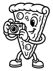 Obraz premium Pizza Photographer: An animated slice of pizza joyfully captures a moment with a compact camera, capturing the essence of fun and creative playfulness.