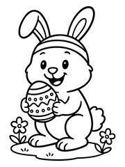 Easter Bunny and Egg Illustration: A charming, outlined illustration of a cheerful easter bunny holding a decorated egg, set amidst spring flowers, celebrating the holiday spirit.