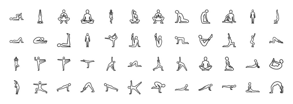 Yoga line icon set. Vector pictograms of lotus pose, downward dog, plank, cobra, tree, warrior, triangle, and bridge positions, thin black outline illustration.