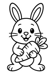 Fototapeta premium Joyful Rabbit and Carrot: A cheerful rabbit cradles a vibrant carrot in its paws, radiating joy. A cute cartoon style creates a fun and playful atmosphere. 