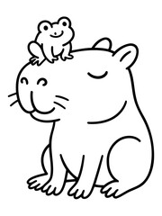 Obraz premium Cozy Companionship: An adorable capybara, content and relaxed, with a charming frog perched atop its head, radiating a sense of friendship and tranquility.