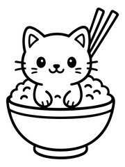 Whimsical Cat in a Bowl: A cute cartoon cat sits playfully in a bowl of rice, accompanied by chopsticks. A delightful illustration that captures the essence of cuteness and simplicity.