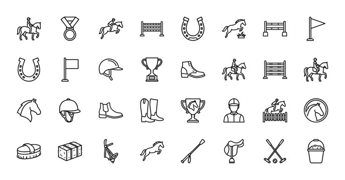 Equestrian sports line icon set. Vector pictograms of horse racing, jumping hurdles, saddle, helmet, boots, trophy, horseshoe, and jockey, thin outline illustration.