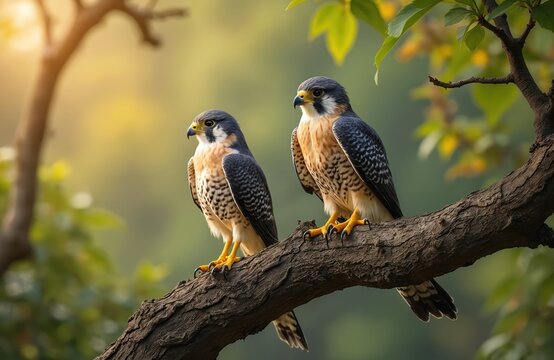 Two falco subbuteo birds perch on tree branch. Small birds of prey have sharp talons and beaks. These raptors observe surroundings in natural forest habitat.