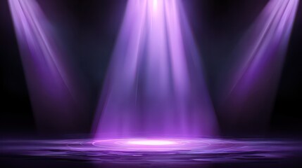 Abstract Stage with Bright Purple Light Beams Shining Down onto Dark Floor