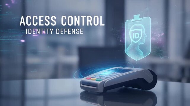 Access control security cyber warfare protection concept identity defense with modern contactless card reader secure payment terminal authentication