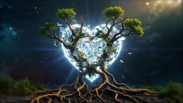 A majestic tree with exposed roots grows in the shape of a heart, with crystalline structures and butterflies in a cosmic background.