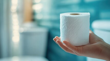 Hand holding toilet paper in bathroom