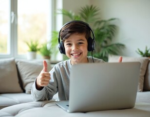 Happy young boy with headphones gives thumbs up while using laptop. Child smiles, learning online, enjoying computer game, or video call at home.