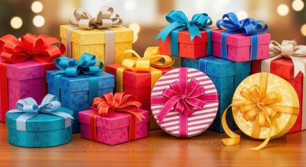 Delightful array of vibrantly wrapped gifts presents for holidays and special occasions