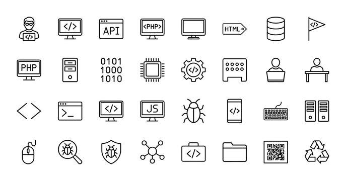 Software development line icon set including vector pictograms of coding, php, javascript, api, database, bug, server, and networking in a thin outline illustration.
