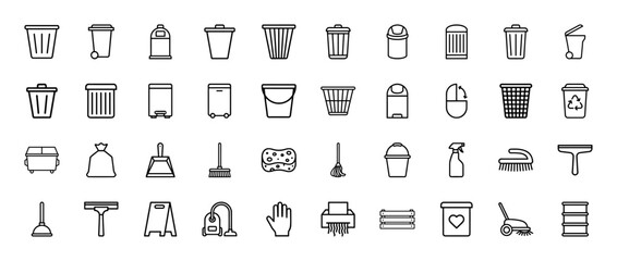 Fototapeta premium Cleaning and waste management line icon set. Vector pictograms of trash cans, recycle bins, dumpster, broom, mop, vacuum, sponge, and bucket, thin outline illustration.