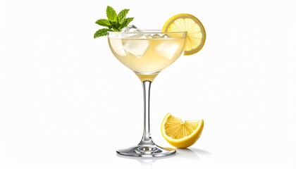 Elegant cocktail glass holds a refreshing yellow drink, garnished with lemon & mint