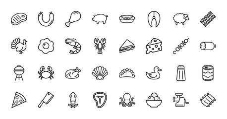 Meat and seafood line icon set. Vector pictograms of steak, sausage, chicken, pig, salmon, shrimp, lobster, turkey, crab, and octopus, thin outline illustration.