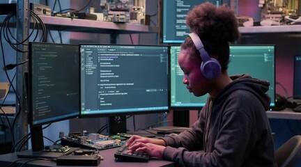A woman coding intently on a computer with multiple screens in a tech setting - Powered by Adobe