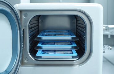Obraz premium Modern autoclave chamber holds blue trays with dental instruments. Sterilization equipment sterilizes medical tools for hygiene. Cleanliness in clinic preparation for surgery.