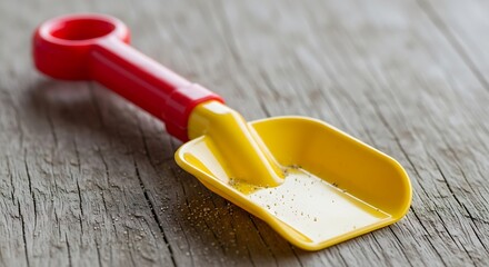Colorful Child's Shovel on Textured Wood Surface for Summer Fun