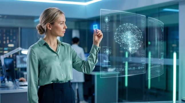 A woman in a modern lab is studying brain analysis using advanced technology