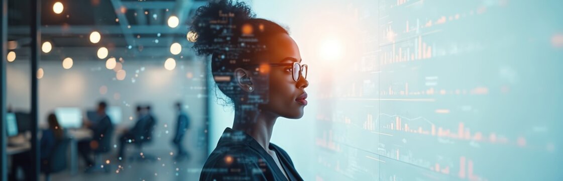 Black woman analyzes digital data charts on futuristic screen. She thinks about business growth and future tech in modern office. People work in background. - Powered by Adobe