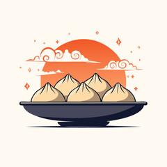 Fototapeta premium Steaming Dumplings on a Dark Plate with Cloud Design Background.