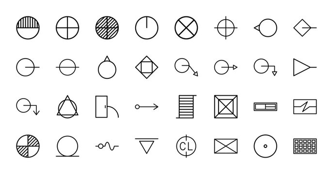 Architecture and engineering line icon set. Vector pictograms of floor plan symbols, north arrow, door, stairs, cross section, and elevation marks, outline illustration.