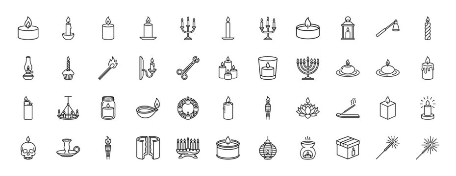 Candle line icon set. Vector pictograms of tealight, candelabra, lantern, snuffer, lighter, jar, match, sparkler, and incense, thin outline illustration.