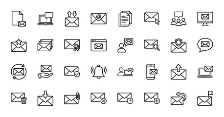 Email and communication line icon set. Vector pictograms of envelopes, messages, newsletters, attachments, notifications, and inbox management, thin outline illustration.