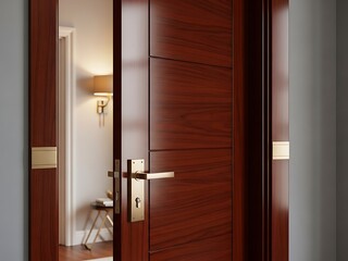 Elegant wooden door with brass fixtures partially open in modern home