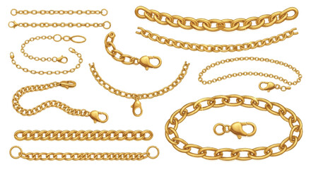 Elegant golden chain collection, meticulously crafted as a detailed flat 2D vector illustration with realistic metallic highlights, isolated on a pure white background for visual clarity.