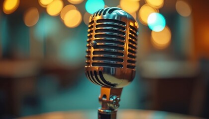 Retro microphone sits on stand, ready for recording. Bokeh lights glow soft background. Vintage studio audio equipment for voice work or broadcast.
