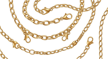 Shiny metallic gold chains featuring realistic clasps are presented as a detailed flat 2D isolated vector illustration on a clean white background.