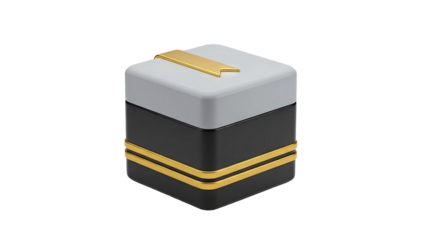 3D Black and gray box with gold trim and ribbon detail on transparent background