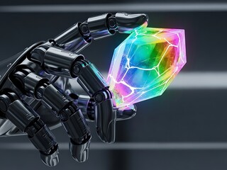 Futuristic robot hand holding gleaming multicolor spectrum crystal
