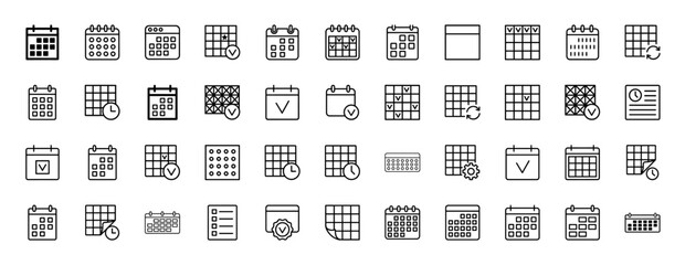 Calendar line icon set. Vector pictograms of schedule, monthly planner, appointment, reminder, deadline, clock, checkmark, gear, and recurring events, thin outline illustration.