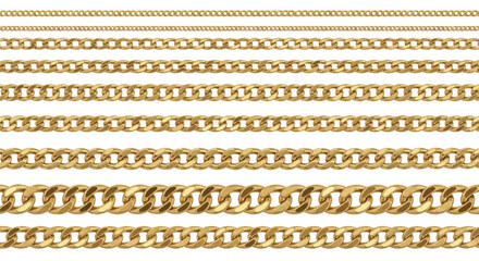 Luxurious set of realistic gold chains and delicate necklaces with varying thicknesses, presented in a clean flat 2D illustration style, isolated on a bright white background.