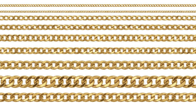 Luxurious set of realistic gold chains and delicate necklaces with varying thicknesses, presented in a clean flat 2D illustration style, isolated on a bright white background.
