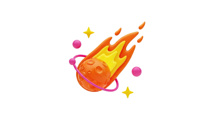 3D Cartoon comet with orange planet and pink orbit on transparent background