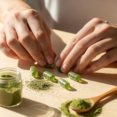 Hands arranging green supplement capsules on wooden surface in daylight