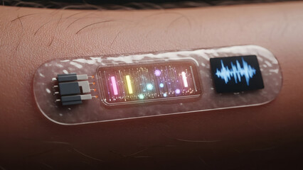 Futuristic bio-sensor chip attached to skin showing colorful lights and audio waveform