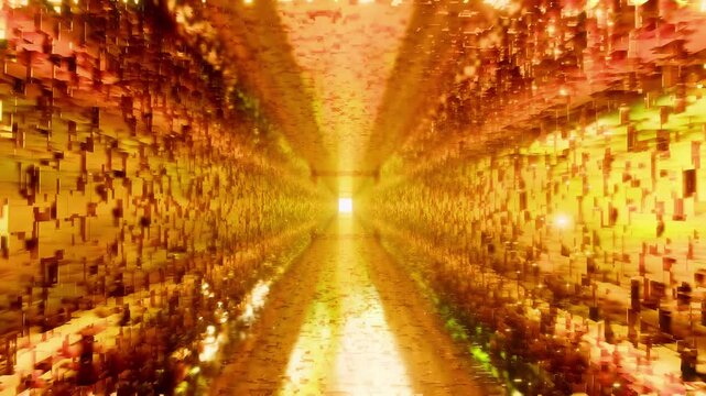 Crystal clear fly-through of glittering golden cubes tunnel: Sharp details without motion blur - ACES 2.0 high fidelity sci-fi seamless loop 3D render ProRes 4444.