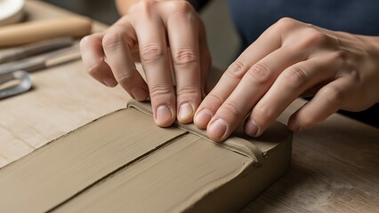 Hands joining clay slabs in ceramic artistry, detail oriented process