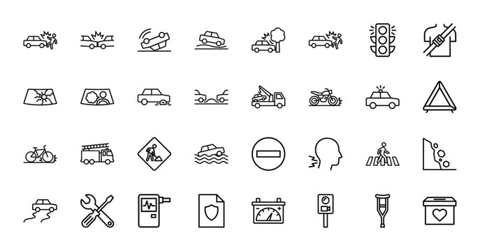 Car accident and road safety line icon set. Vector pictograms of collision, breakdown, towing, medical aid, traffic signal, and repair, thin outline illustration.