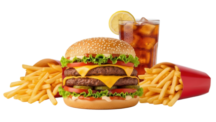 Big appetite meal deal with triple cheeseburger large fries and iced tea isolated on white background