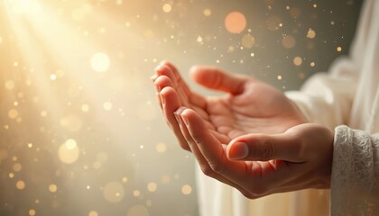 Open palms receive glowing light beams and glitter particles. Religious gesture of hope and faith in divine blessing. Spiritual concept of gratitude and connection.